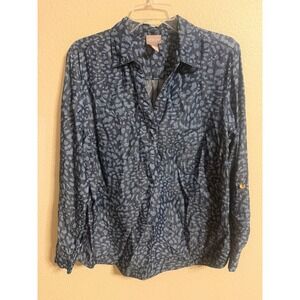 Chico's Leopard Print Blouse Womens 2 Blue Excellent Lyocell Roll Tab Sleeve